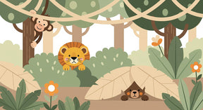 Detailed jungle animals mural wallpaper design pattern featuring monkey and lion by Kids-Mundo