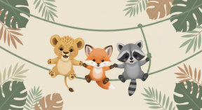 Detailed jungle animals mural wallpaper design pattern with lion fox raccoon by Kids-Mundo