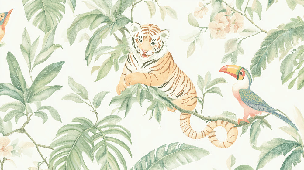 Detailed jungle animals mural wallpaper design pattern featuring tigers and toucans by Kids-Mundo