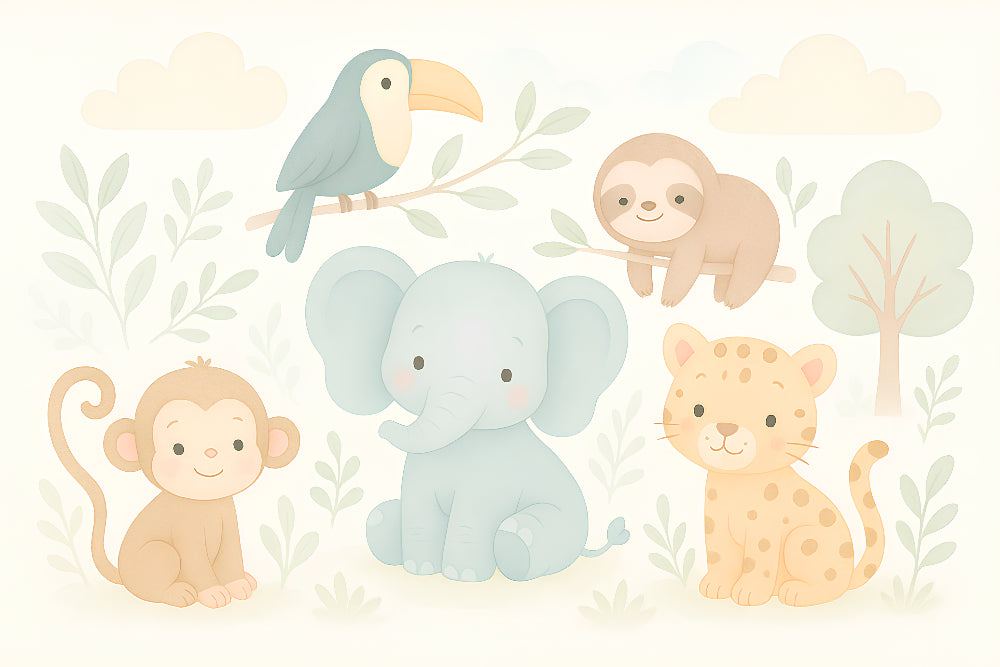 Detailed jungle animals mural wallpaper design pattern with elephant, monkey, sloth by Kids-Mundo