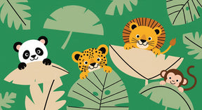 Detailed jungle animals mural wallpaper design pattern featuring panda, lion, leopard and monkey by Kids-Mundo