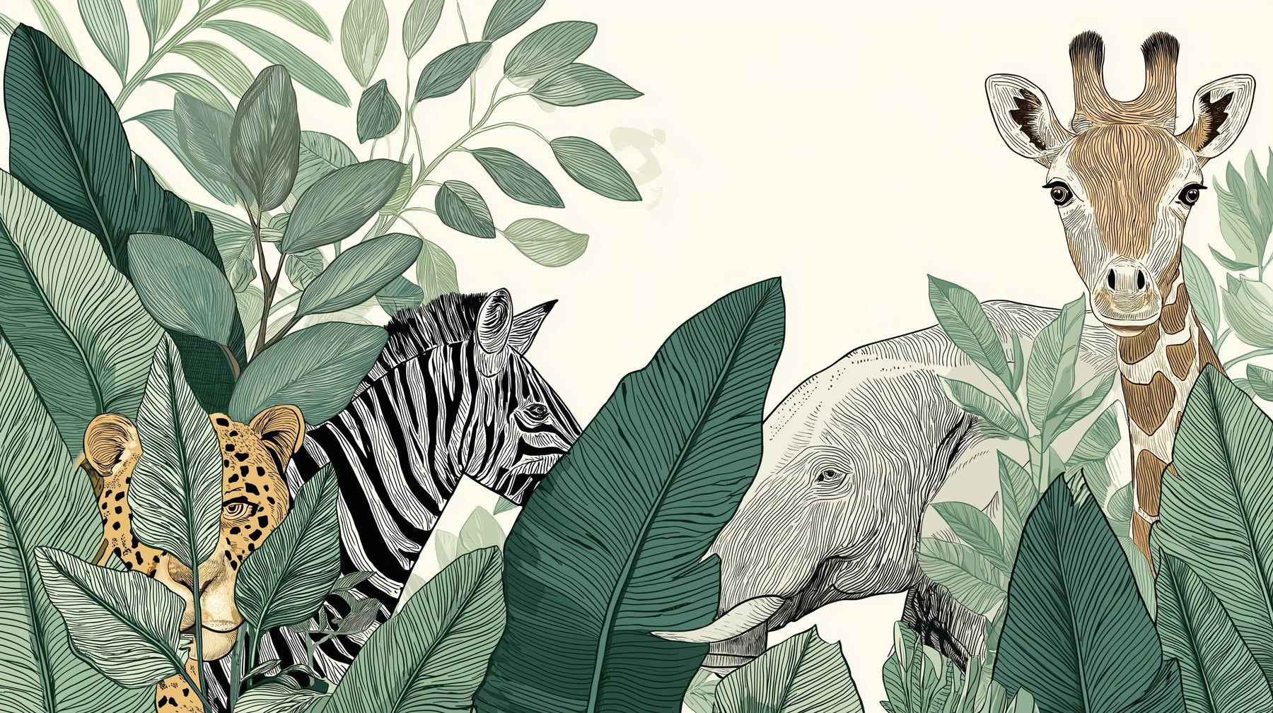 Detailed jungle animals mural wallpaper design pattern with safari creatures and lush foliage by Kids-Mundo