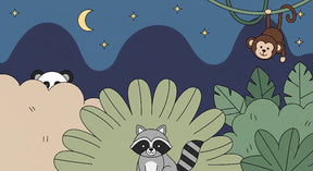 Detailed jungle animals mural wallpaper design pattern showing raccoon, panda and monkey under starry sky by Kids-Mundo