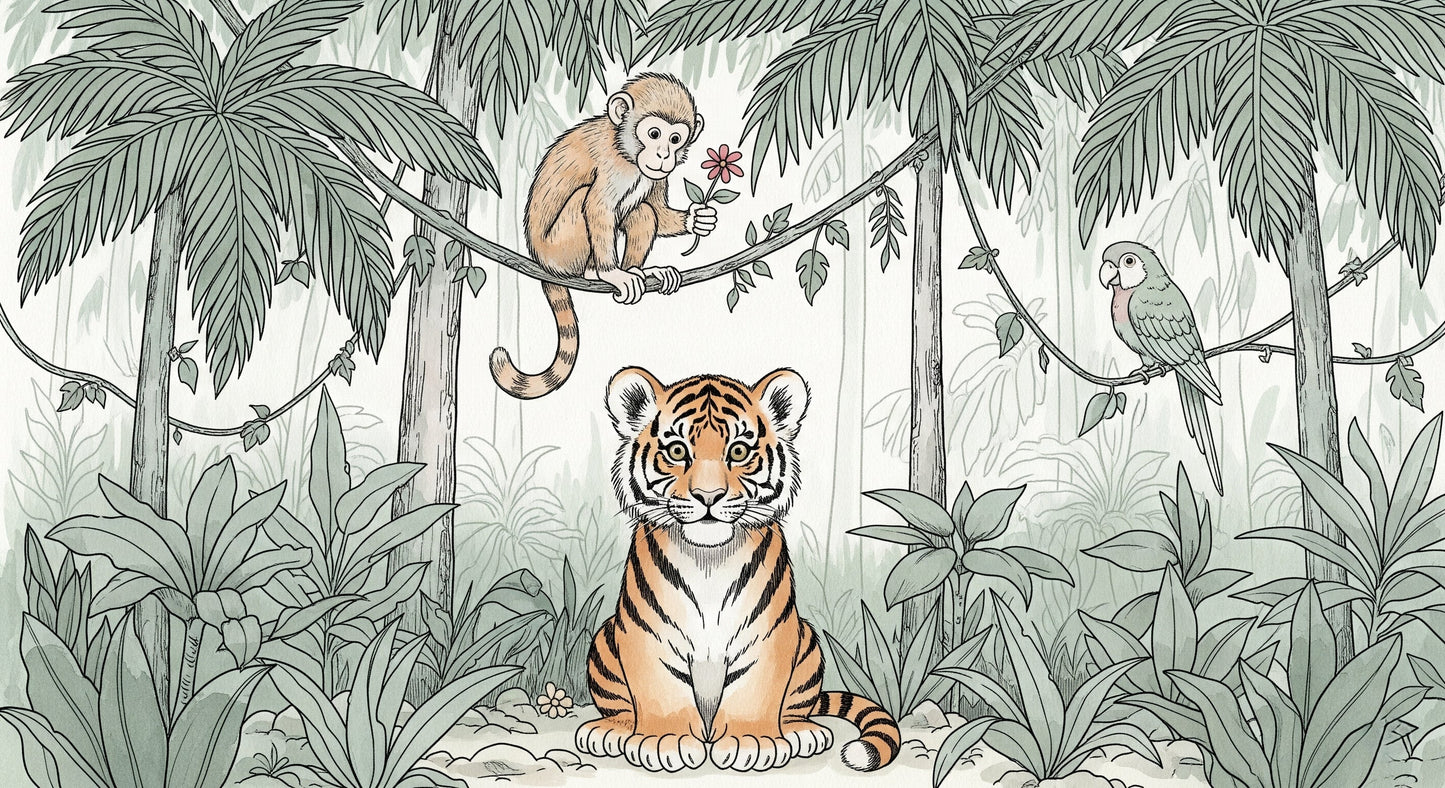 Detailed jungle animals mural wallpaper design pattern with tiger monkey parrot by Kids-Mundo