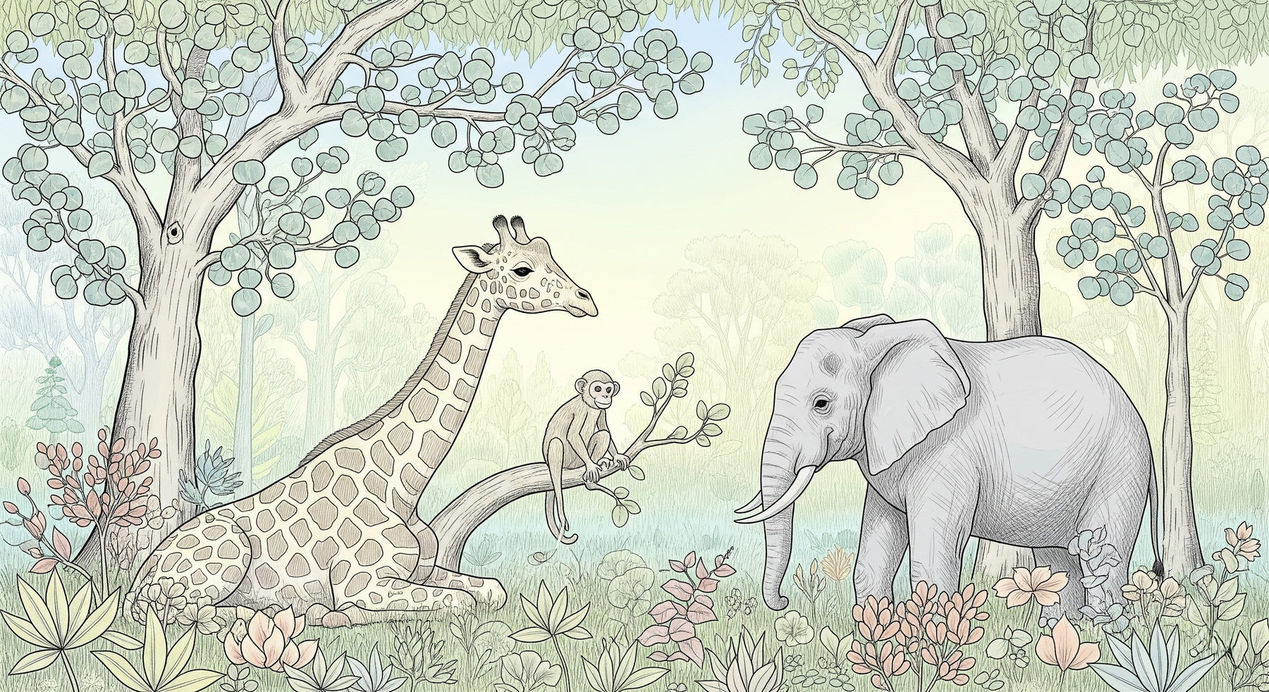 Detailed jungle animals mural wallpaper design pattern featuring giraffes, elephants and monkeys by Kids-Mundo