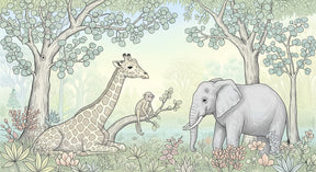 Detailed jungle animals mural wallpaper design pattern featuring giraffes, elephants and monkeys by Kids-Mundo