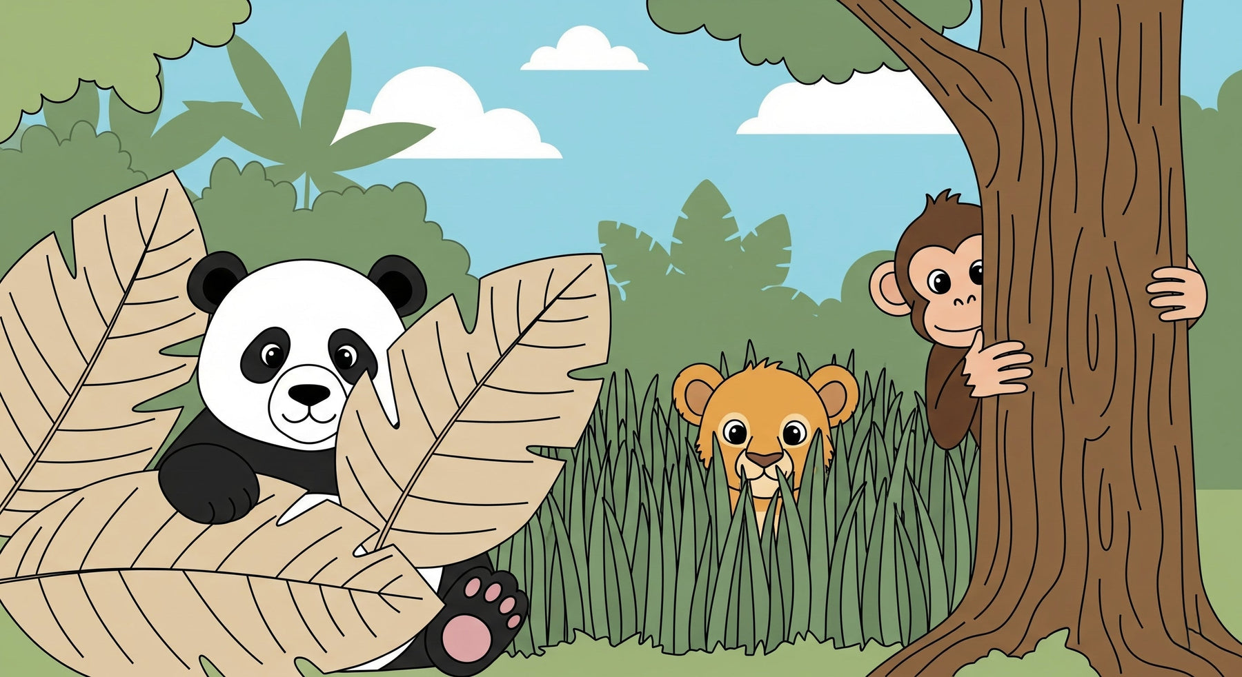 Detailed jungle animals mural wallpaper design pattern featuring panda lion monkey by Kids-Mundo
