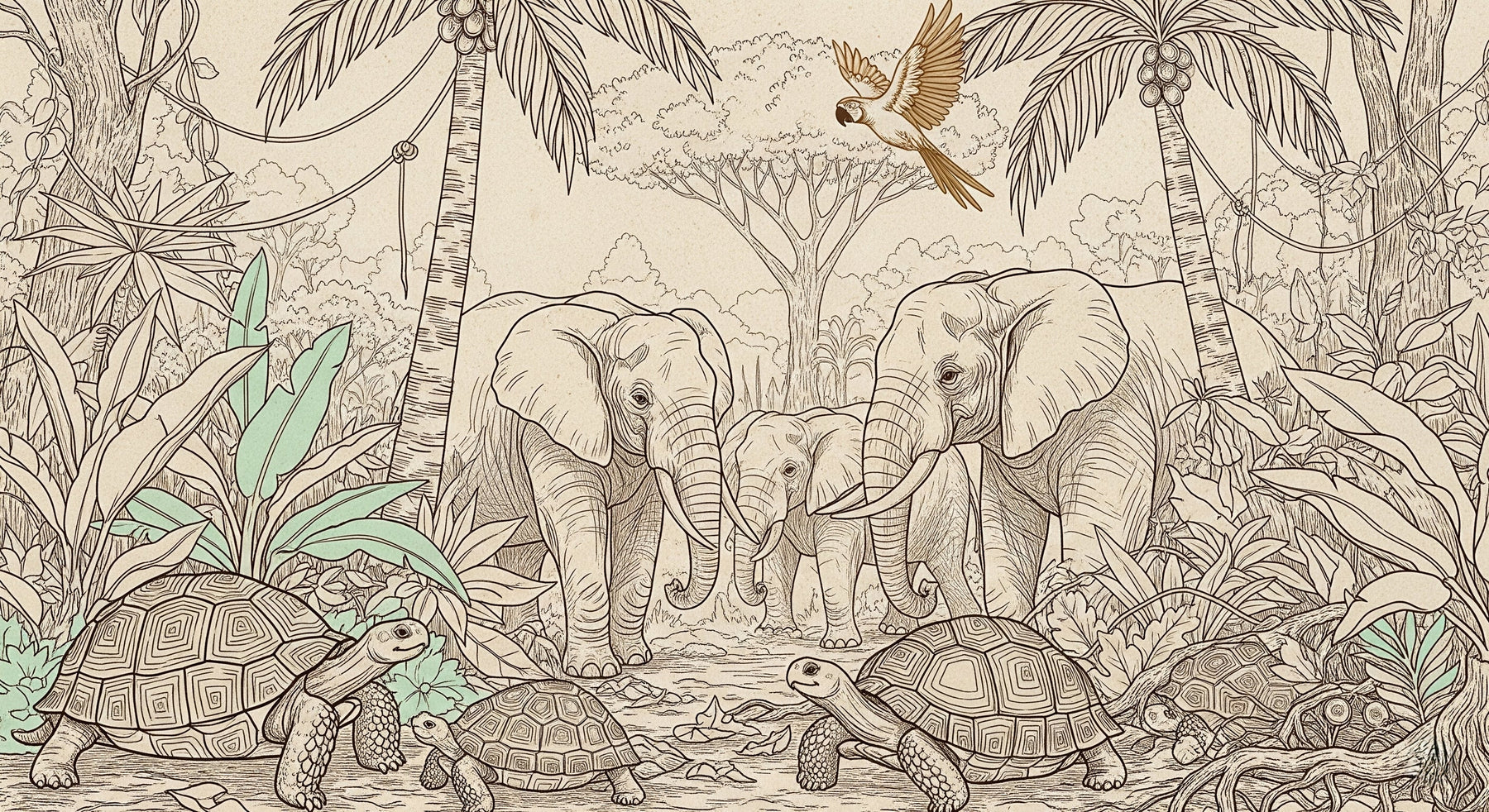 Detailed jungle animals mural wallpaper design pattern with elephants and turtles by Kids-Mundo