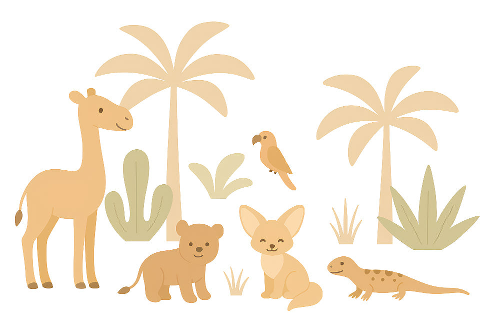 Detailed tropical jungle animals mural wallpaper design pattern with bears and chameleons by Kids-Mundo
