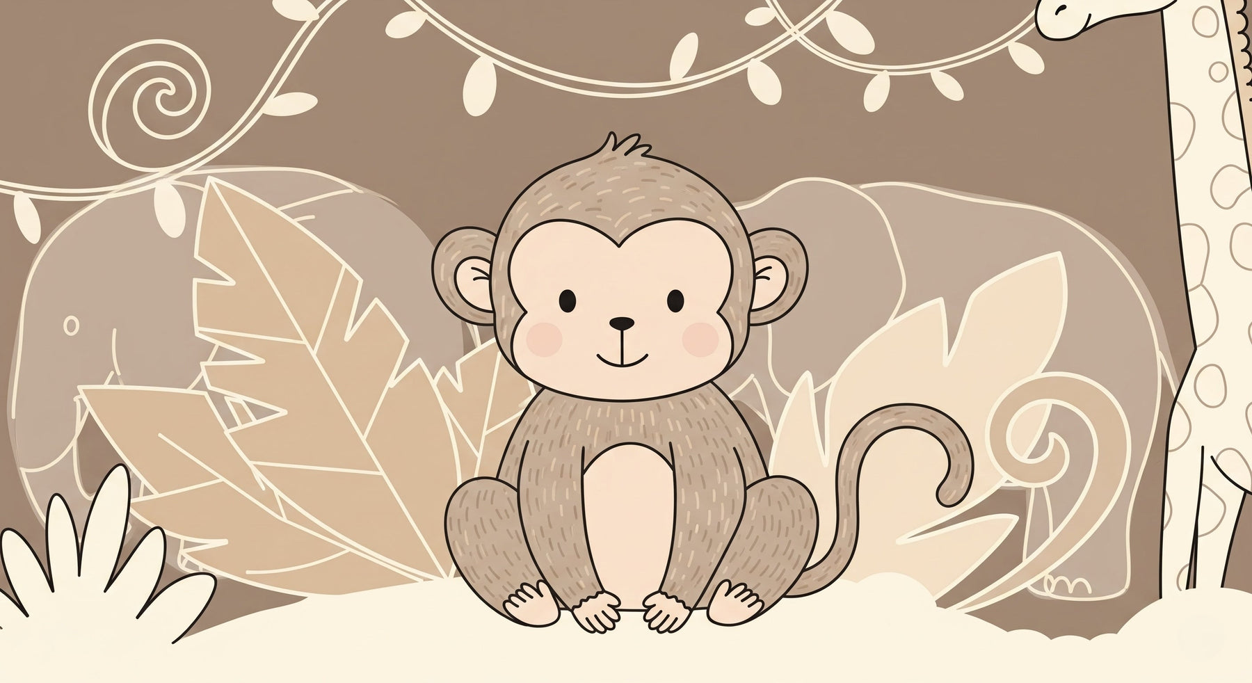 Detailed jungle animals mural wallpaper design pattern featuring monkey and safari friends by Kids-Mundo
