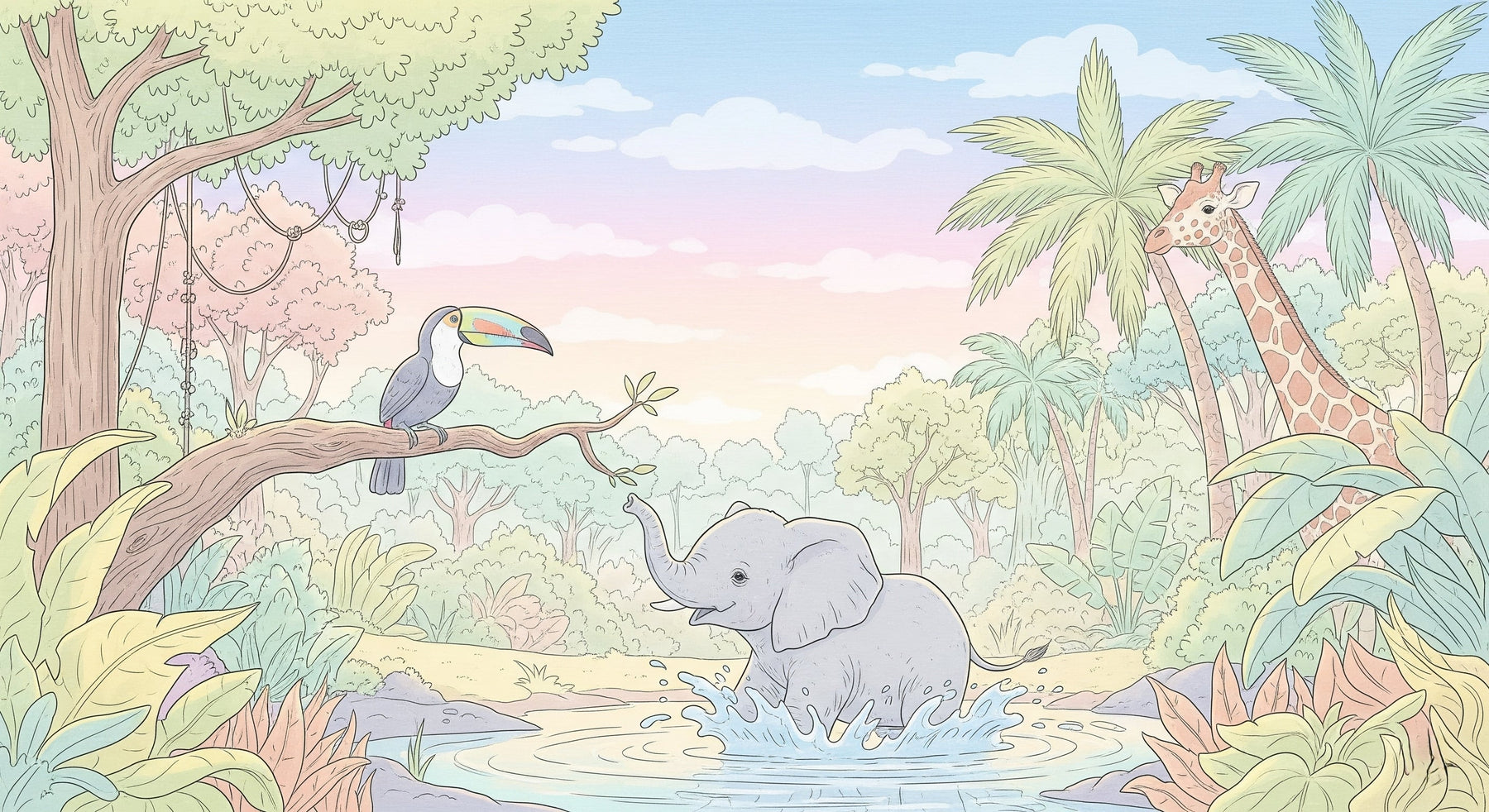 Detailed jungle animals mural wallpaper design pattern featuring elephant and toucan by Kids-Mundo