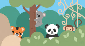 Detailed jungle animals mural wallpaper design pattern with koala panda monkey tiger by Kids-Mundo