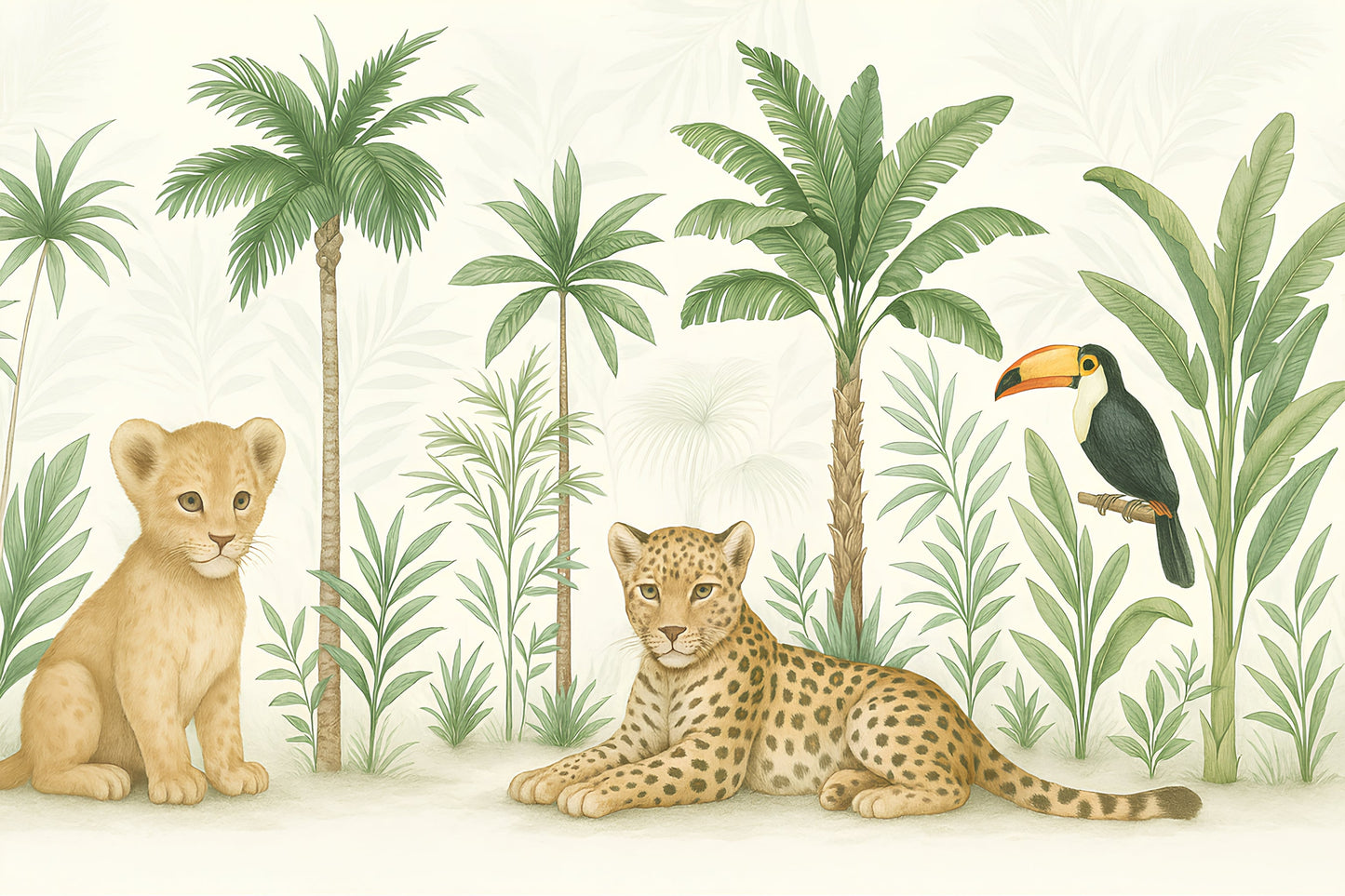 Detailed jungle animals mural wallpaper design pattern with lion cub, leopard and tropical foliage by Kids-Mundo