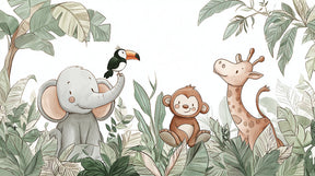 Detailed jungle animals mural wallpaper design pattern with tropical vegetation by Kids-Mundo