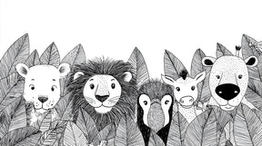 Detailed black and white jungle animals mural wallpaper design pattern with lion giraffe bear by Kids-Mundo