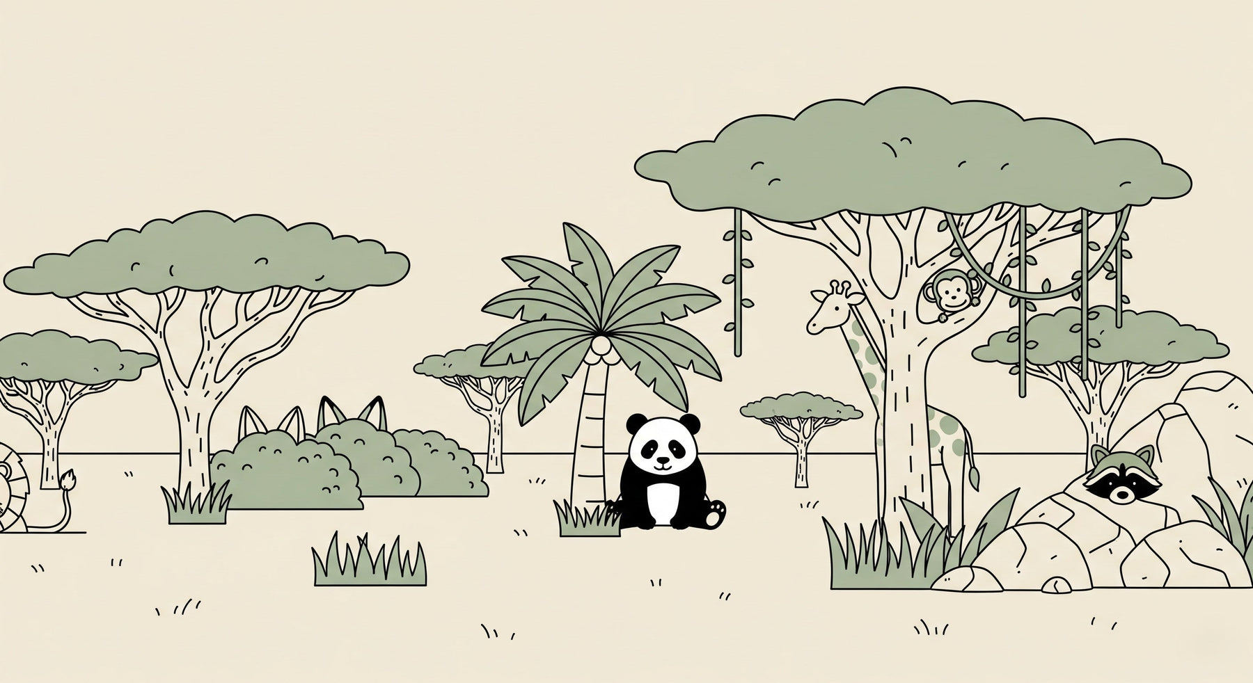 Detailed jungle animals mural wallpaper design pattern featuring panda, giraffe and monkey by Kids-Mundo