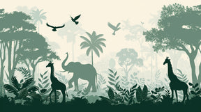 Detailed jungle animals mural wallpaper design pattern featuring elephants and giraffes by Kids-Mundo