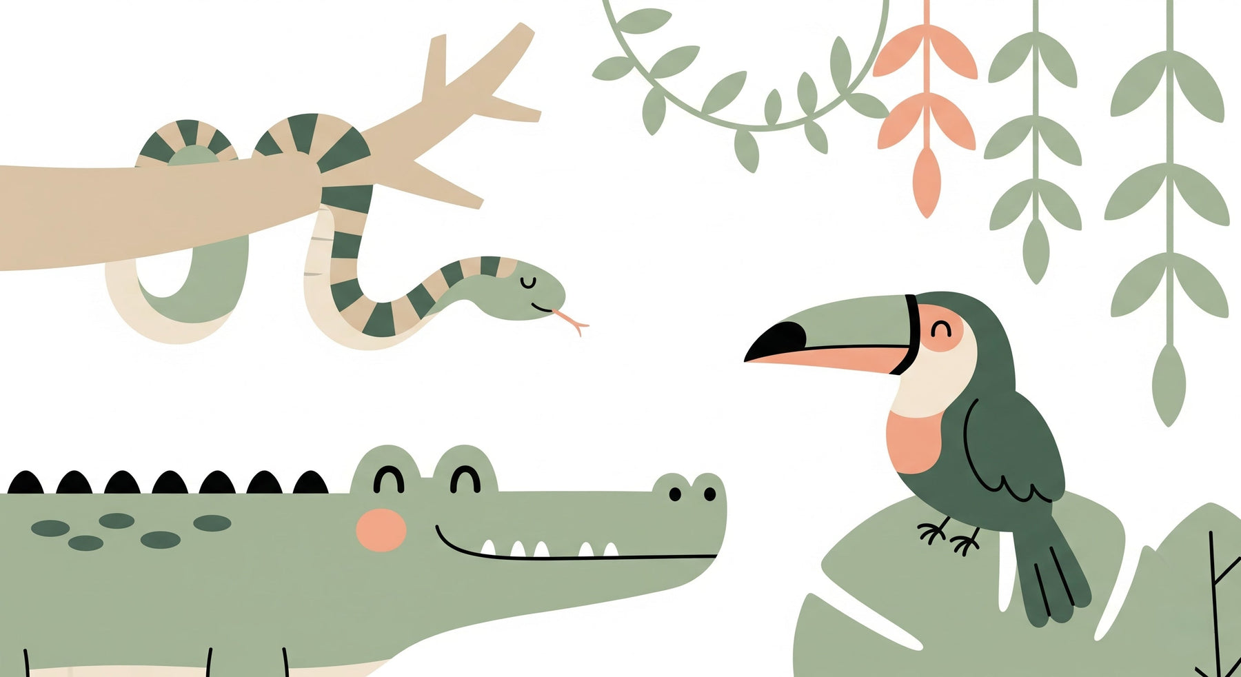 Detailed jungle animals mural wallpaper design pattern showing crocodile, toucan and tropical foliage by Kids-Mundo