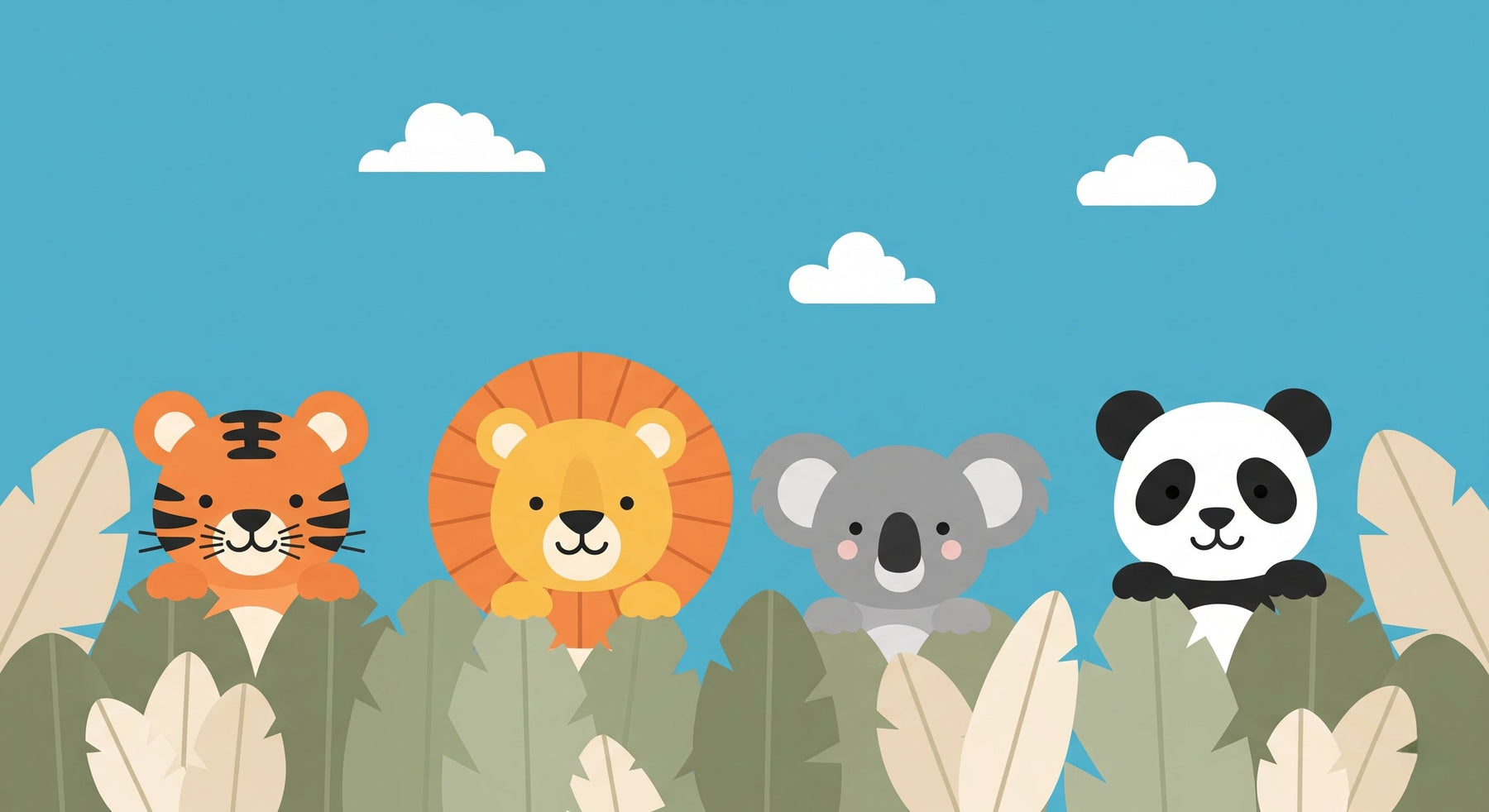 Detailed jungle animals mural wallpaper design pattern showing safari creatures in tropical foliage by Kids-Mundo