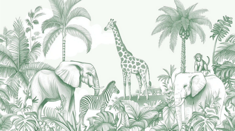 Detailed monochrome jungle animals mural wallpaper design pattern with exotic wildlife by Kids-Mundo