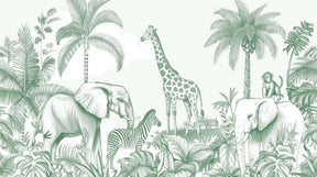 Detailed monochrome jungle animals mural wallpaper design pattern with exotic wildlife by Kids-Mundo