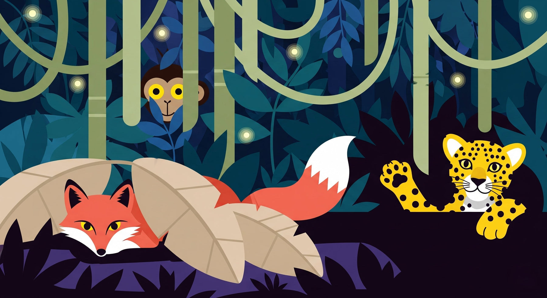 Detailed jungle animals mural wallpaper design pattern with fox, leopard and monkey by Kids-Mundo