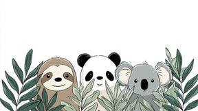 Detailed jungle animals mural wallpaper design pattern showing sloth panda koala among green leaves