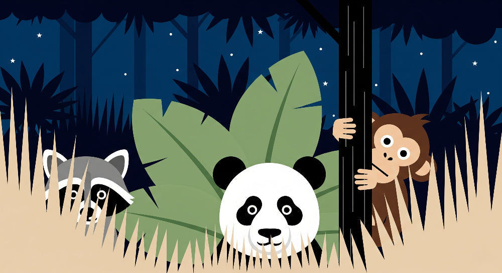 Detailed jungle animals mural wallpaper design pattern with panda monkey raccoon by Kids-Mundo