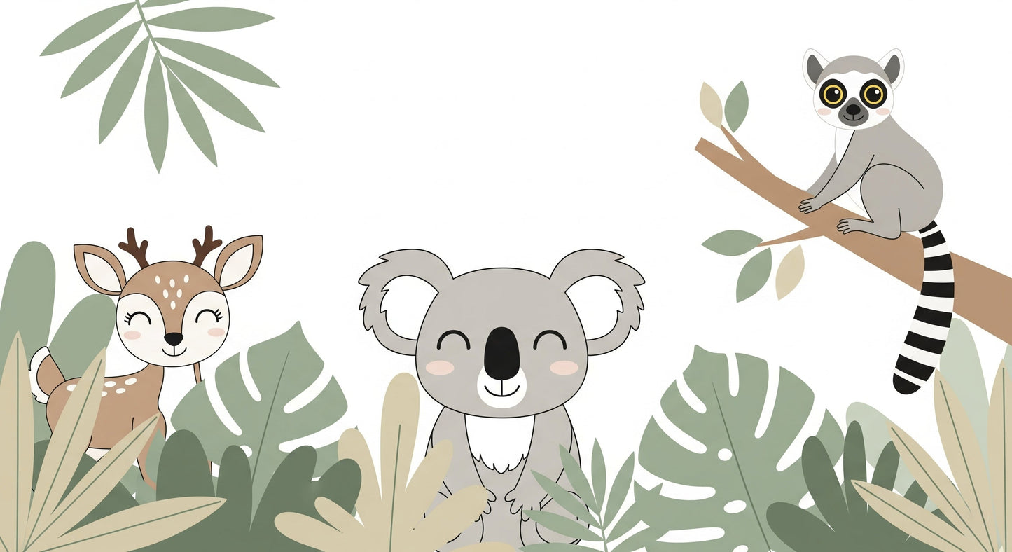 Detailed jungle animals mural wallpaper design pattern with koala, fawn and tropical foliage by Kids-Mundo