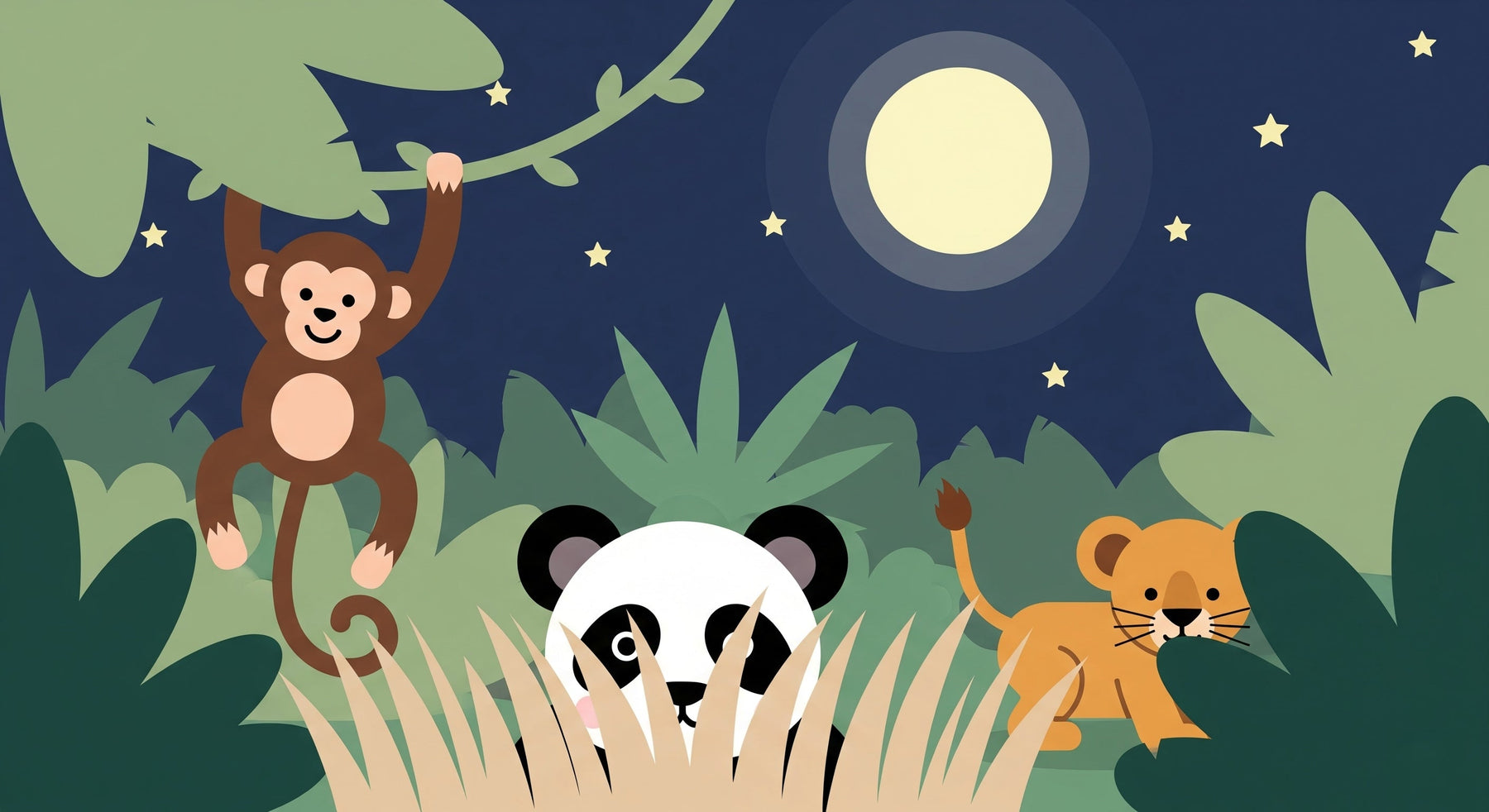 Detailed nocturnal jungle animals mural wallpaper design pattern featuring monkeys, pandas and lion cubs by Kids-Mundo