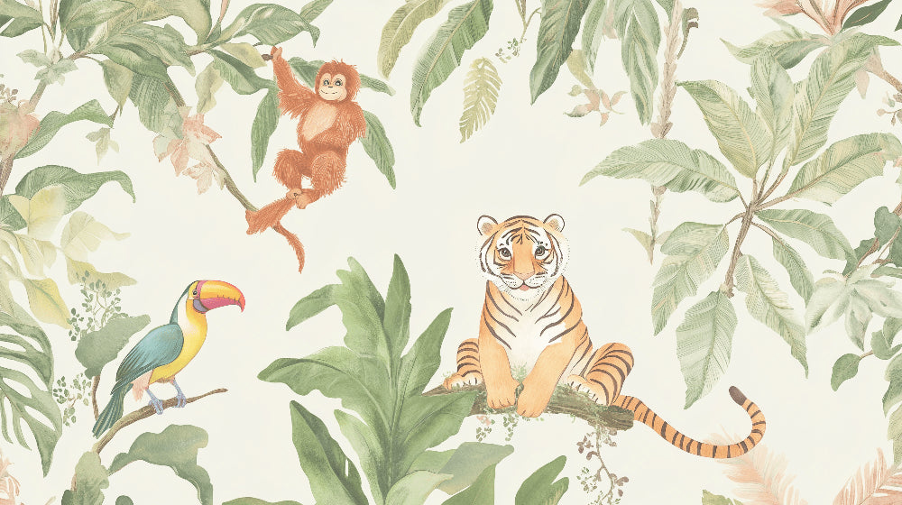 Detailed jungle animals mural wallpaper design pattern with tiger toucan orangutan by Kids-Mundo