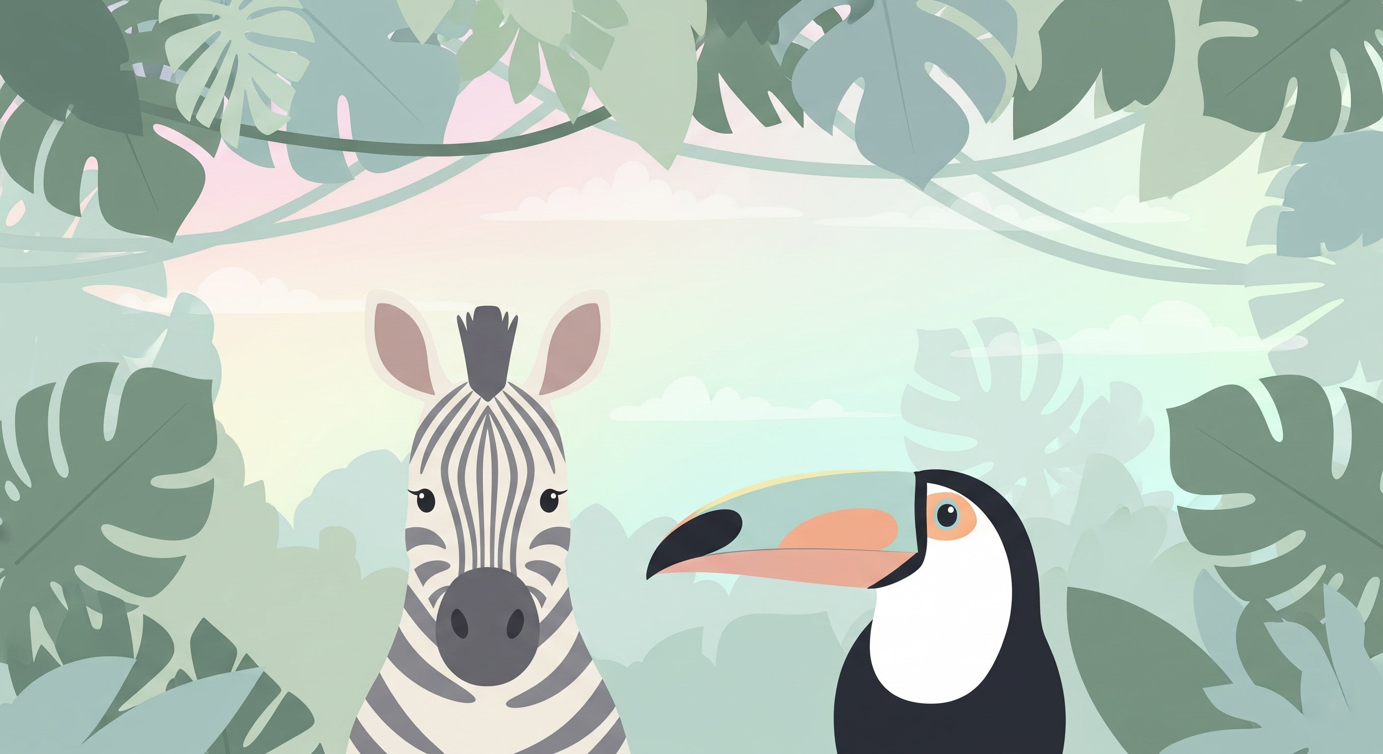 Detailed jungle animals mural wallpaper design pattern featuring zebra and toucan by Kids-Mundo