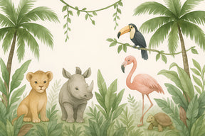Detailed jungle animals mural wallpaper design pattern showing lion, rhino, toucan and tropical foliage by Kids-Mundo