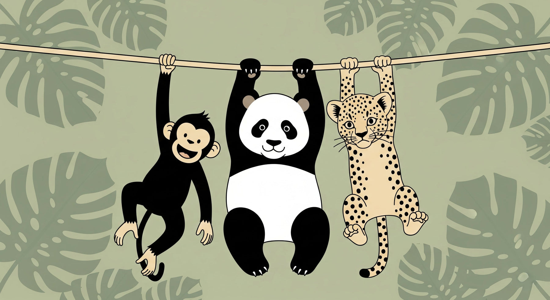 Detailed jungle animals mural wallpaper design pattern showing hanging safari friends by Kids-Mundo