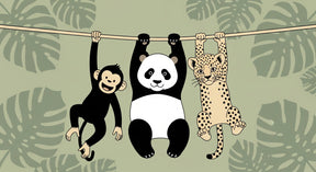 Detailed jungle animals mural wallpaper design pattern showing hanging safari friends by Kids-Mundo