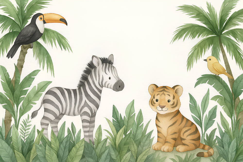 Detailed jungle animals mural wallpaper design pattern featuring zebra tiger toucan by Kids-Mundo