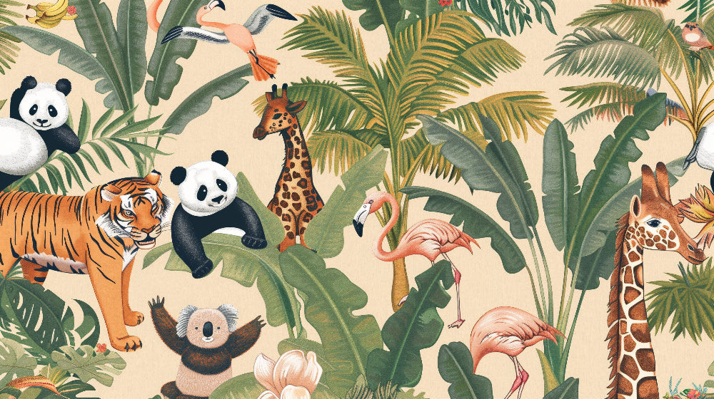 Detailed jungle animals and foliage mural wallpaper design pattern with safari theme by Kids-Mundo