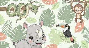 Detailed jungle animals mural wallpaper design pattern showing tropical safari characters by Kids-Mundo