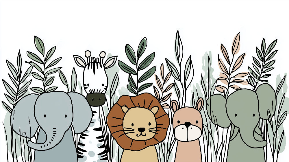 Detailed jungle safari animals mural wallpaper design pattern with elephant, lion, bear and zebra by Kids-Mundo