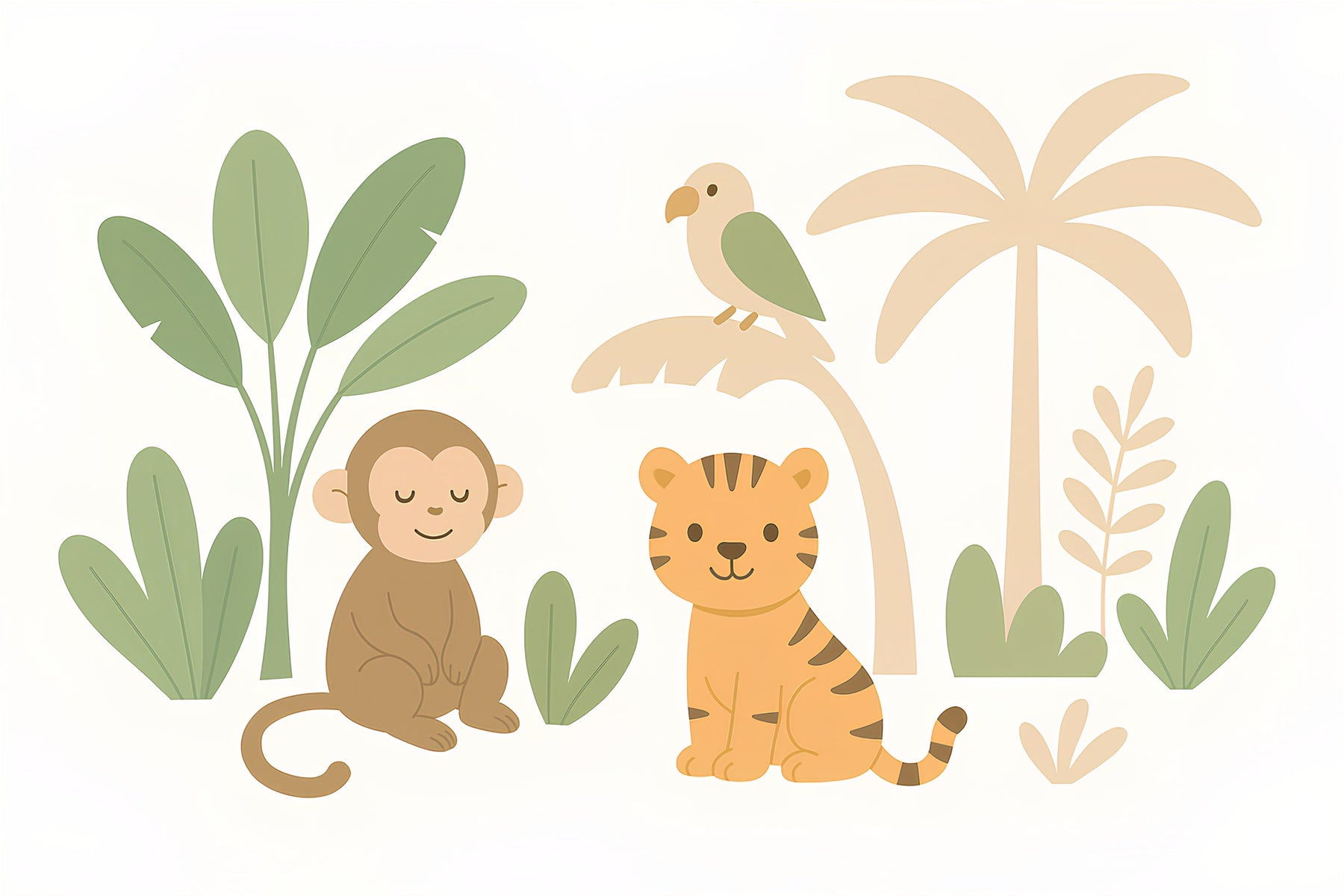 Detailed jungle animals mural wallpaper design pattern showing monkey and tiger with foliage by Kids-Mundo