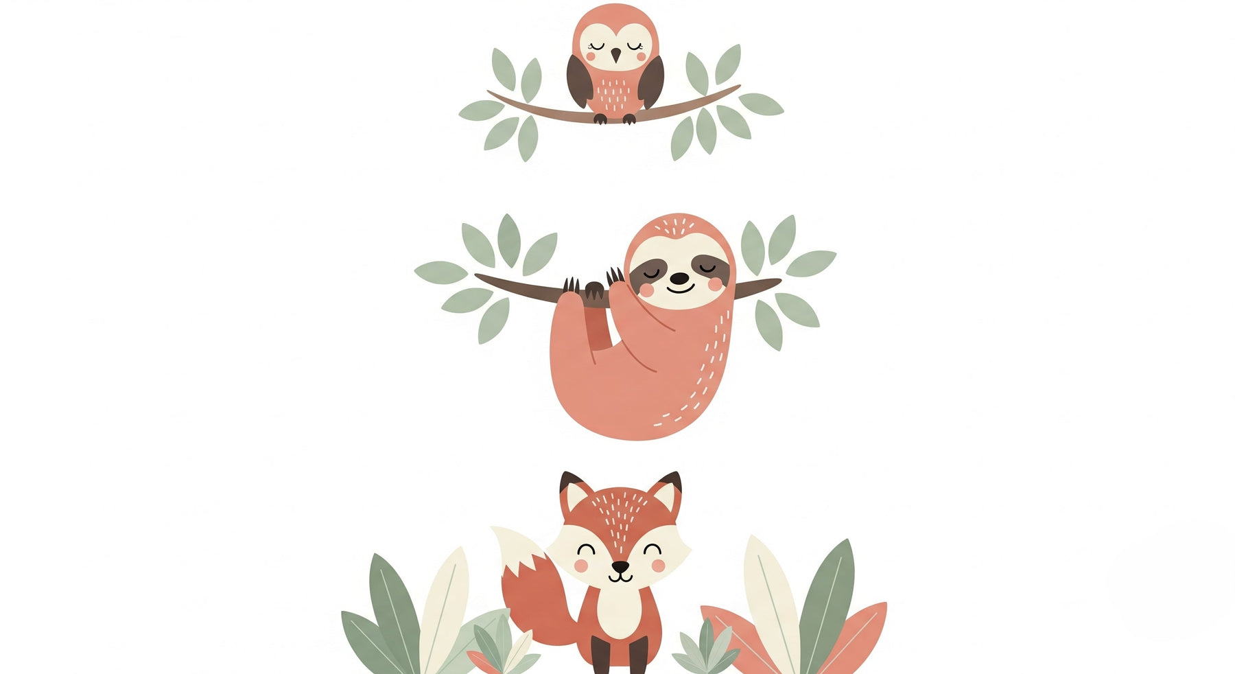 Detailed jungle animals mural wallpaper design pattern with owl, sloth and fox by Kids-Mundo