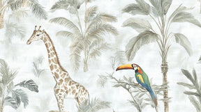 Detailed watercolor jungle animals mural wallpaper design pattern with giraffe and toucan by Kids-Mundo