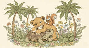 Detailed jungle animals mural wallpaper design pattern with lion turtle squirrel by Kids-Mundo