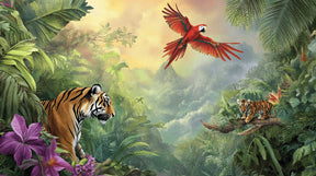 Detailed jungle animals mural wallpaper design pattern with tigers and parrots by Kids-Mundo