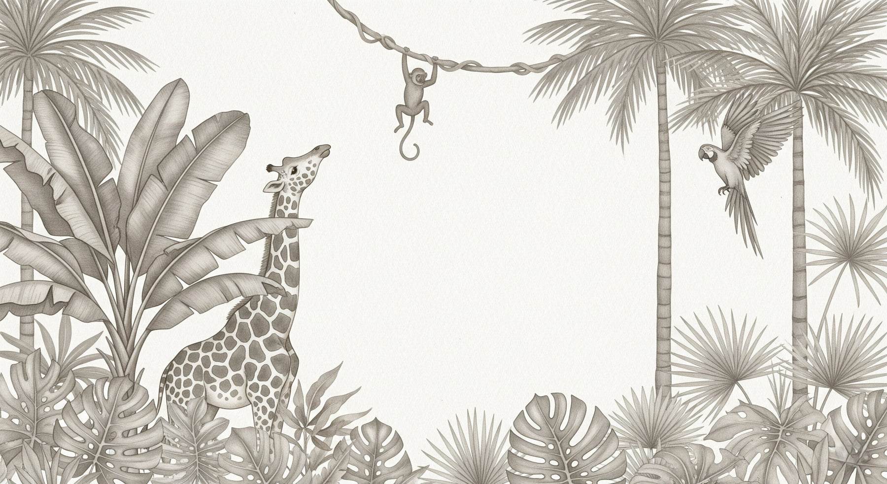 Detailed monochrome jungle animals mural wallpaper design pattern featuring giraffe and monkey by Kids-Mundo
