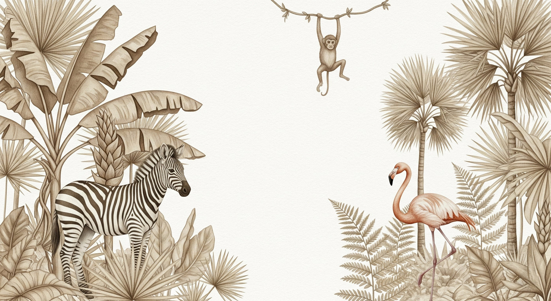 Detailed jungle animals mural wallpaper design pattern featuring zebra, flamingo and monkey by Kids-Mundo