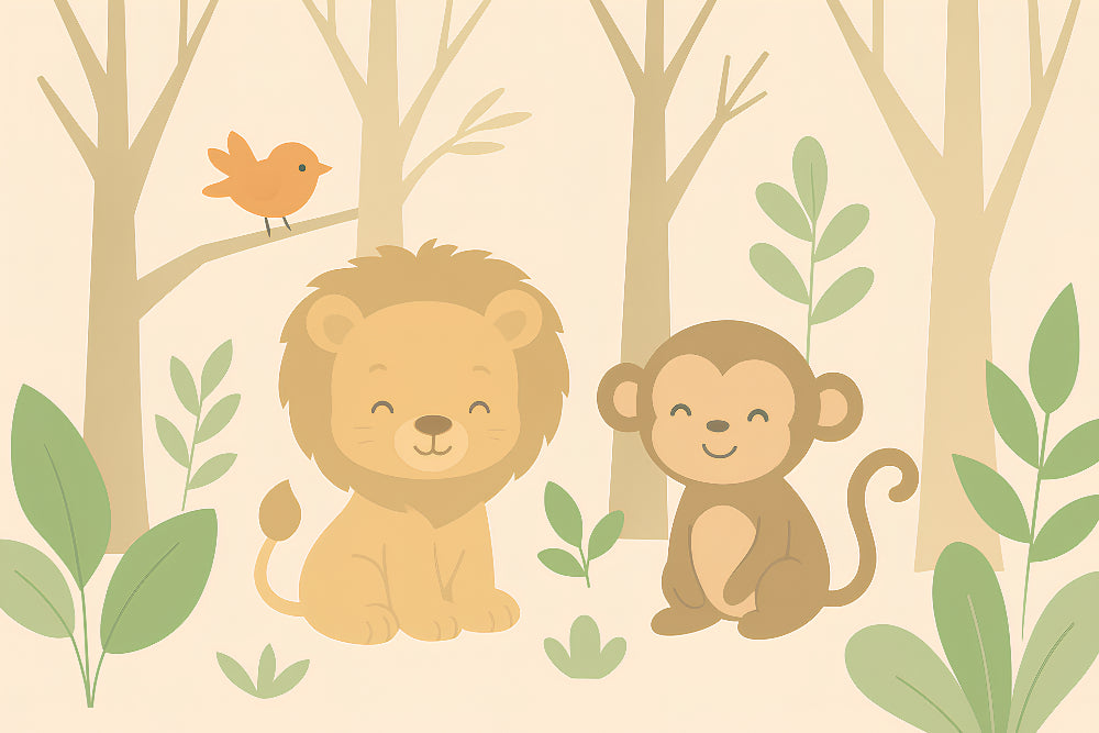 Detailed jungle animals mural wallpaper design pattern with lion monkey and bird by Kids-Mundo