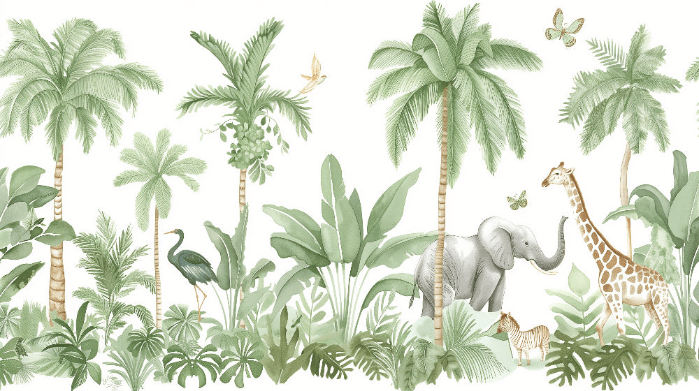 Detailed jungle animals mural wallpaper design pattern with elephants and giraffes by Kids-Mundo
