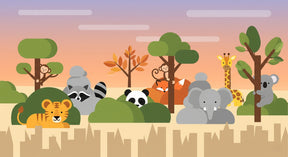 Detailed jungle animals mural wallpaper design pattern with safari wildlife in coral and green tones by Kids-Mundo
