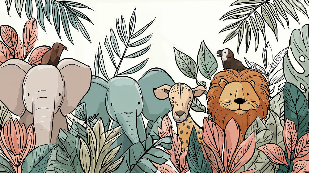 Detailed jungle animals and foliage mural wallpaper design pattern by Kids-Mundo